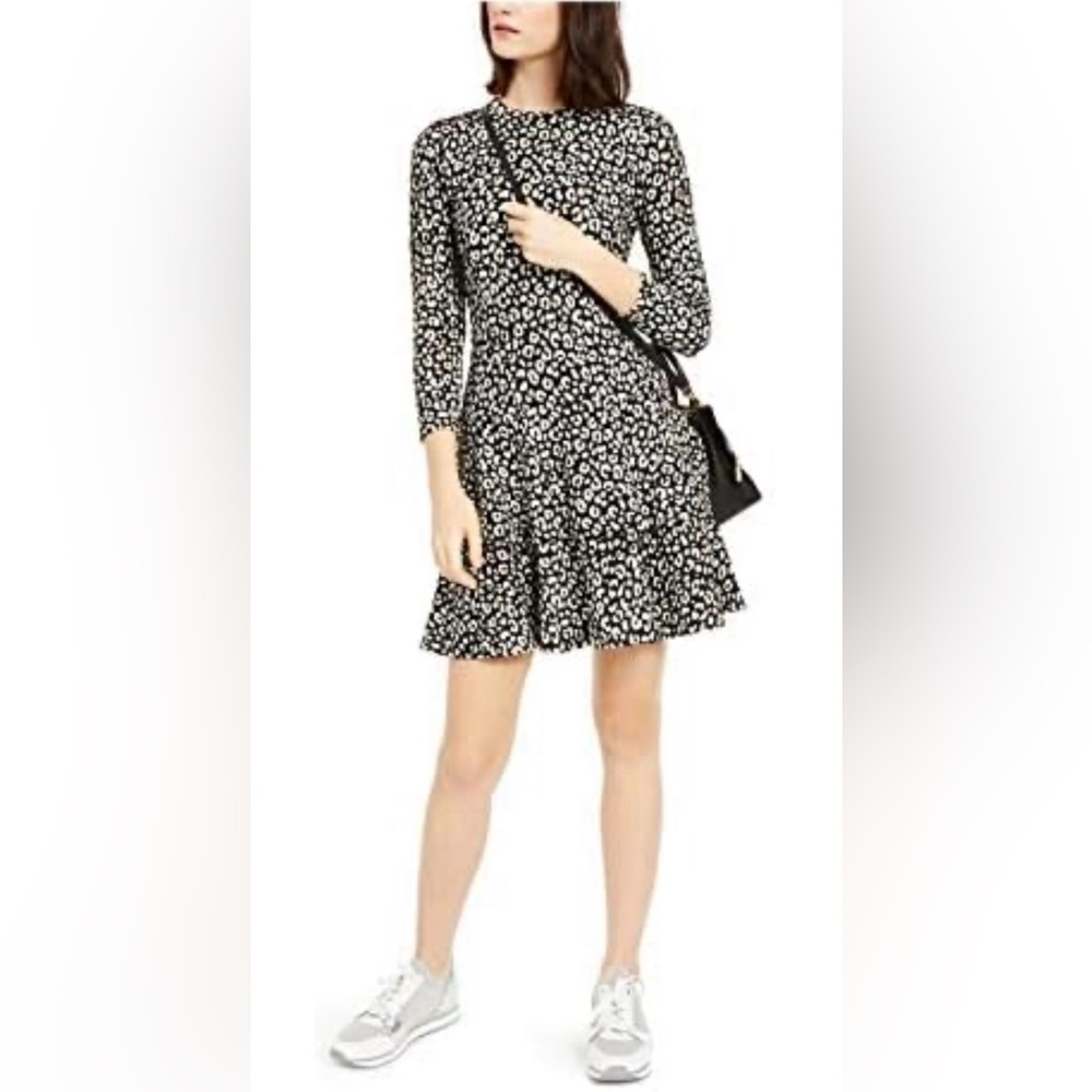 Michael Kors Leopard Jacquard Tiered Dress Black Bone Party Cocktail size M NWT
